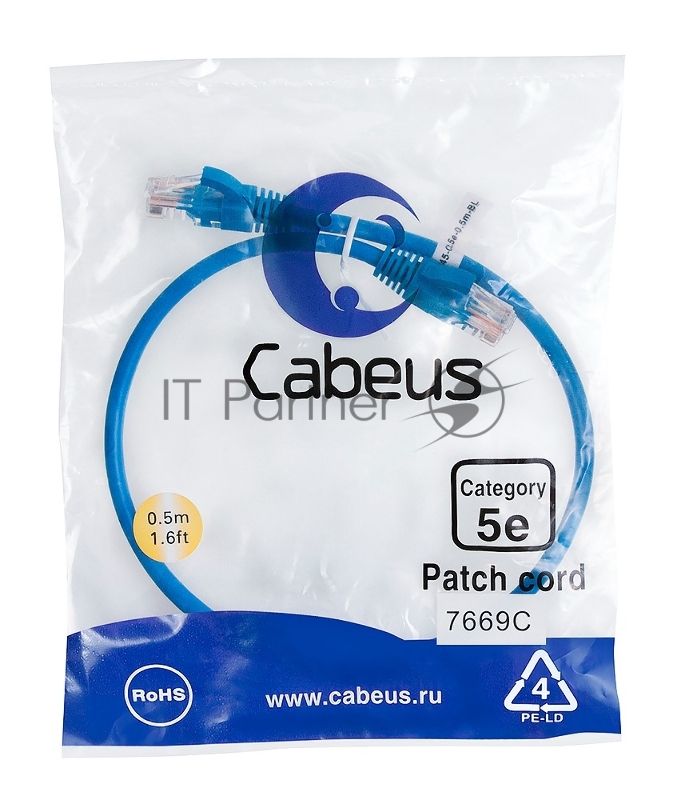 Шнур комм. Cabeus, кат. 5е, неэкр., U/UTP, RJ45/RJ45, LSZH, AWG24, 0.5м, синий