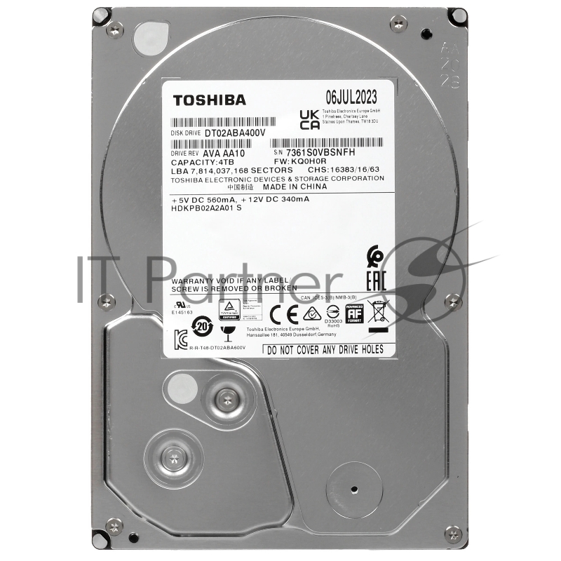Жесткий диск Toshiba Surveillance HDD 3.5 SATA 4Tb, 5400rpm, 128MB buffer, 512e, SMR, DT02ABA400V, 1 year