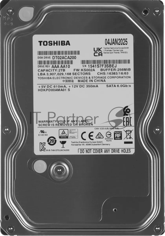 Жесткий диск Toshiba Surveillance HDD 3.5 SATA 2Tb, 5400rpm, 128MB buffer, 512e, SMR, DT02ABA200V , 1 year