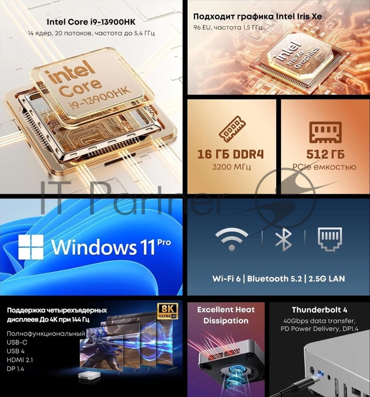 Мини ПК Chuwi AuBox Core i9 13900HK (2.6) 16Gb SSD512Gb Iris Xe Windows 11 Pro 2x2.5GbitEth WiFi BT 120W серебристый/черный