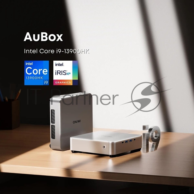 Мини ПК Chuwi AuBox Core i9 13900HK (2.6) 16Gb SSD512Gb Iris Xe Windows 11 Pro 2x2.5GbitEth WiFi BT 120W серебристый/черный