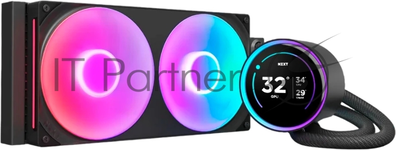 Система жидкостного охлаждения для ПК/ Water Cooling System NZXT Kraken Elite 280 RGB (250W, 280mm, LED temp., Black/ Fans: 2x140mm, 98.61CFM, 34.5dBA, 2000RPM/ Pump height 65mm, 2800RPM, Rad thickness 27mm/ S: 1851, 1700, 1200, 115X, AM5, AM4)