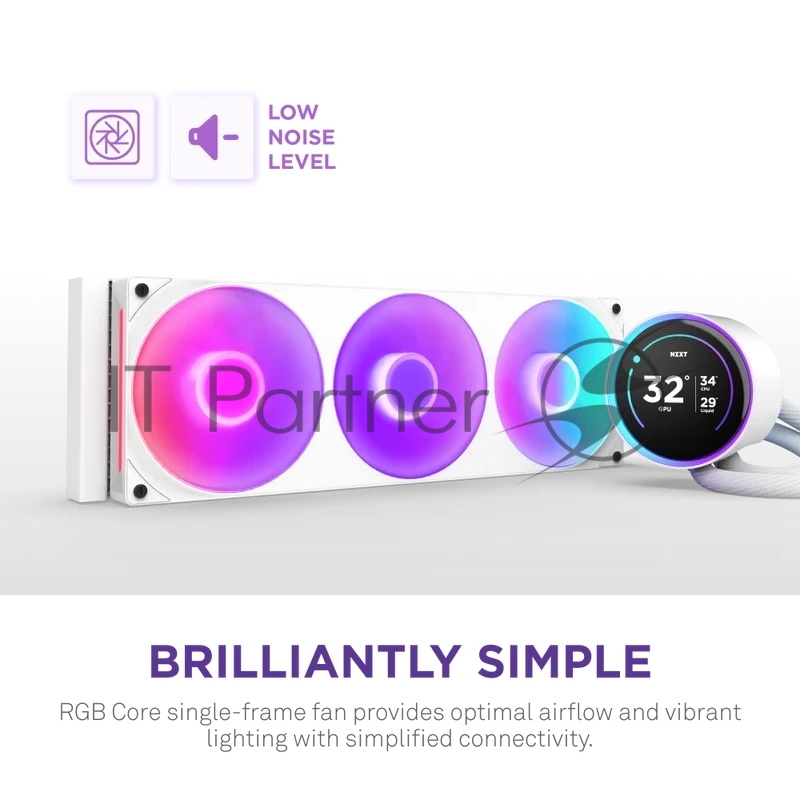 Система жидкостного охлаждения для ПК/ Water Cooling System NZXT Kraken Elite 420 RGB (350W, 420mm, LED temp., White/ Fans: 3x140mm, 98.61CFM, 34.5dBA, 2000RPM/ Pump height 65mm, 2800RPM, Rad thickness 27mm/ S: 1851, 1700, 1200, 115X, AM5, AM4)