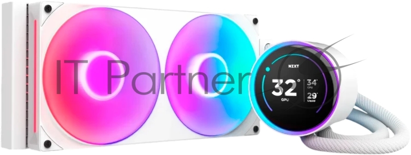 Система жидкостного охлаждения для ПК/ Water Cooling System NZXT Kraken Elite 280 RGB (250W, 280mm, LED temp., White/ Fans: 2x140mm, 98.61CFM, 34.5dBA, 2000RPM/ Pump height 65mm, 2800RPM, Rad thickness 27mm/ S: 1851, 1700, 1200, 115X, AM5, AM4)