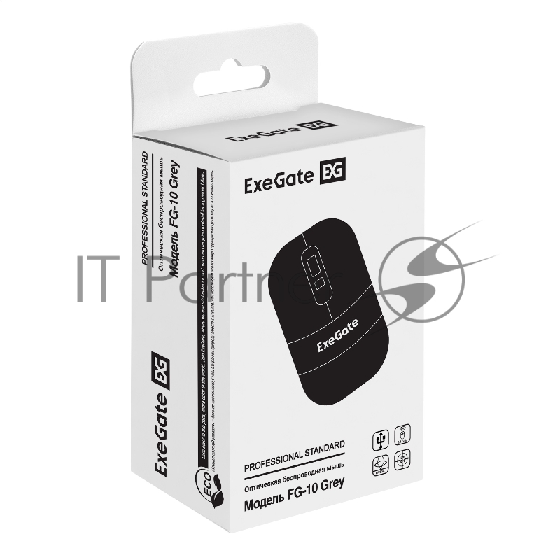 Беспроводная мышь ExeGate Professional Standard FG-10 Grey (радиоканал 2,4 ГГц, USB, оптическая, 1200dpi, 4D, 4 кнопки и колесо прокрутки, черная, серая вставка, RTL)