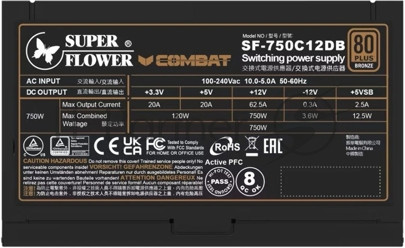 Блок питания 750Вт/ Power Supply Super Flower Combat DB ATX 3.1, 750W, ATX, 120mm, 6xSATA, 3xPCI-E(6+2), 1xPCI-E 16, APFC, 80+ Bronze, non-Modular