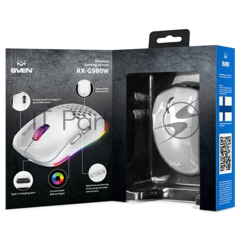 Мышь беспроводная SVEN RX-G980W белая (6+1кл. 50-26000 DPI, ПО, RGB-подсветка, игров. упак)