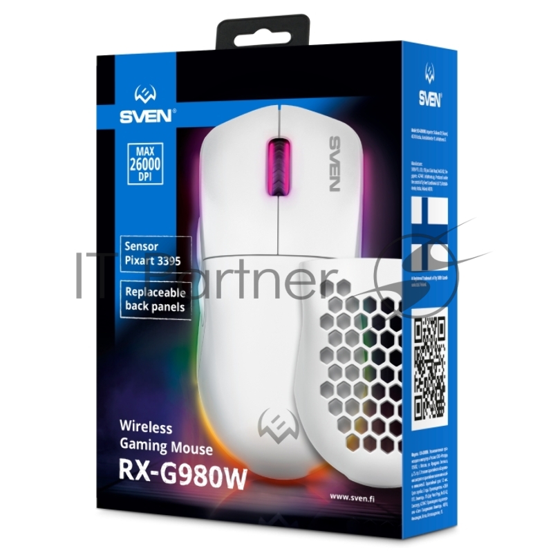 Мышь беспроводная SVEN RX-G980W белая (6+1кл. 50-26000 DPI, ПО, RGB-подсветка, игров. упак)