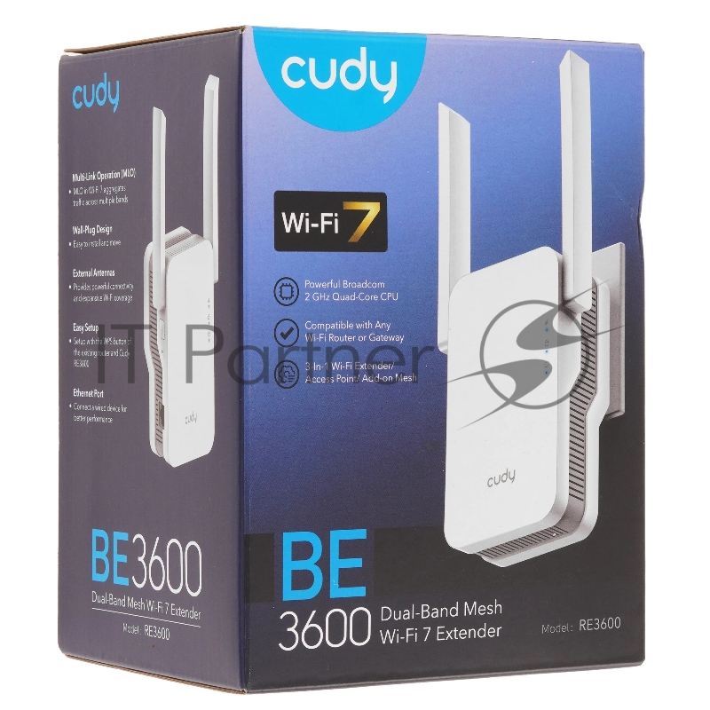 Маршрутизатор CUDY BE3600 WiFi 7 Mesh Repeater BE3600 , AP mode, Chipset Broadcom, Cudy Mesh Support, 2880Mbps at 5GHz + 688Mbps at 2.4GHz, 802.11ax/ac/a/b/g/n, 1 Gigabit Ethernet Port, WPS button, Intelligent Signal Light, WPA3, LED control