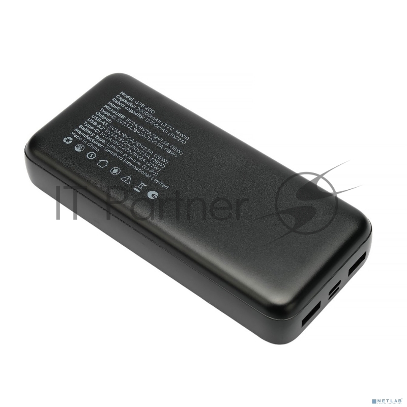 Портативный аккумулятор Gembird GPB-20Q, 20000мАч, QC/PD, дисплей, черный