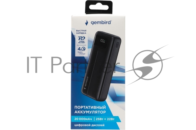 Портативный аккумулятор Gembird GPB-20Q, 20000мАч, QC/PD, дисплей, черный