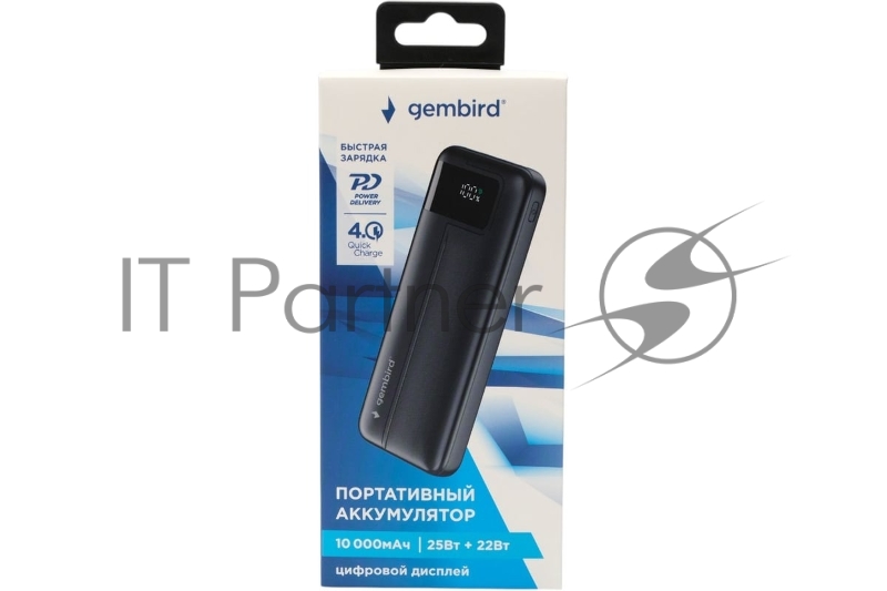 Портативный аккумулятор Gembird GPB-10Q, 10000мАч, QC/PD, дисплей, черный