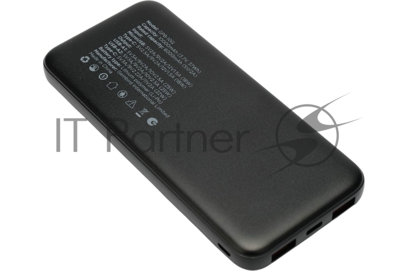 Портативный аккумулятор Gembird GPB-10Q, 10000мАч, QC/PD, дисплей, черный