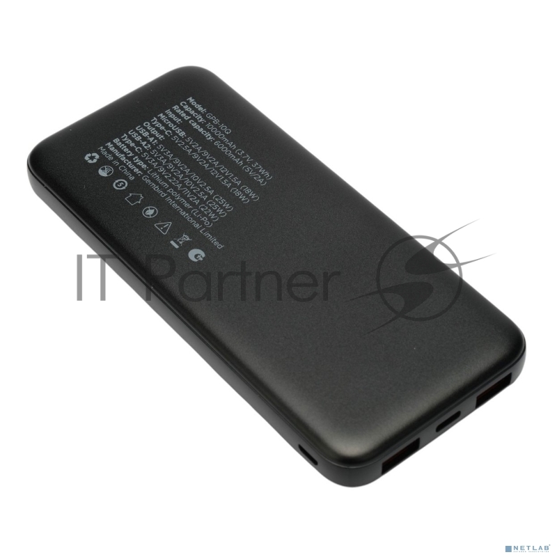 Портативный аккумулятор Gembird GPB-10Q, 10000мАч, QC/PD, дисплей, черный