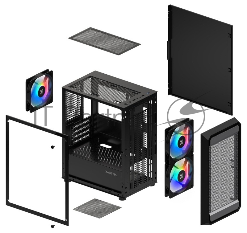 XASTRA Корпус A303M 3FRGB Black mATX/Mesh/ tempered glass / 2x140mm + 1x120mm FRGB fans/ A303M-2FC14F-1FC12F