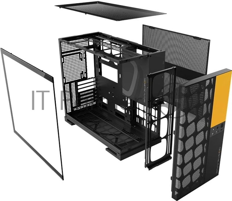 Корпус ПК без блока питания/ Case Geometric Future Model 5 Vent, Midi-Tower, TG, no fans, 2xUSB-A 3.0, 1xUSB 3.2 Type-C, E-ATX, ATX, mATX, mITX Black/Yellow