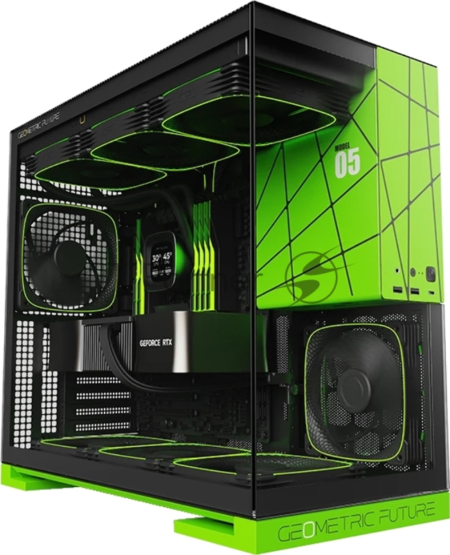 Корпус ПК без блока питания/ Case Geometric Future Model 5 NV Style, Midi-Tower, TG, no fans, 2xUSB-A 3.0, 1xUSB 3.2 Type-C, E-ATX, ATX, mATX, mITX Black/Green