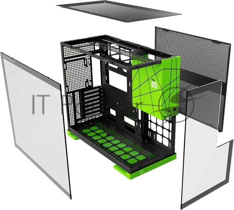 Корпус ПК без блока питания/ Case Geometric Future Model 5 NV Style, Midi-Tower, TG, no fans, 2xUSB-A 3.0, 1xUSB 3.2 Type-C, E-ATX, ATX, mATX, mITX Black/Green