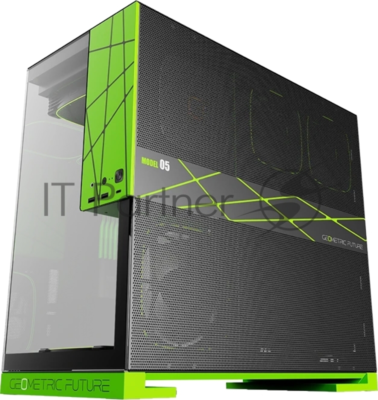 Корпус ПК без блока питания/ Case Geometric Future Model 5 NV Style, Midi-Tower, TG, no fans, 2xUSB-A 3.0, 1xUSB 3.2 Type-C, E-ATX, ATX, mATX, mITX Black/Green