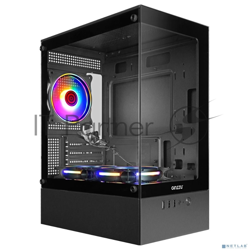 Компьютерный корпус Ginzzu CL475 mATX FAN 3*12LC4 передняя панель Стекло