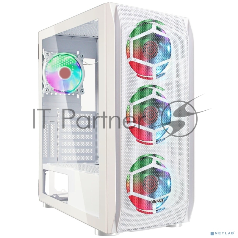 Компьютерный корпус Ginzzu GL 390 боковая дверца закаленное стекло на петлях на магнитах, controller CRC10, 4* 12R6W FAN 12CM RGB Белый