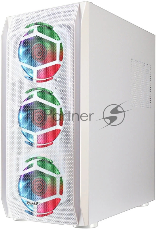 Компьютерный корпус Ginzzu GL 390 боковая дверца закаленное стекло на петлях на магнитах, controller CRC10, 4* 12R6W FAN 12CM RGB Белый