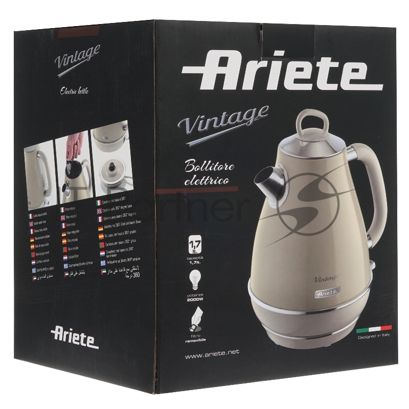 Чайник Ariete Vintage 2869/03 электрический. Мощность 2000 Вт, объем 1.7 л, цвет бежевый (6/60)