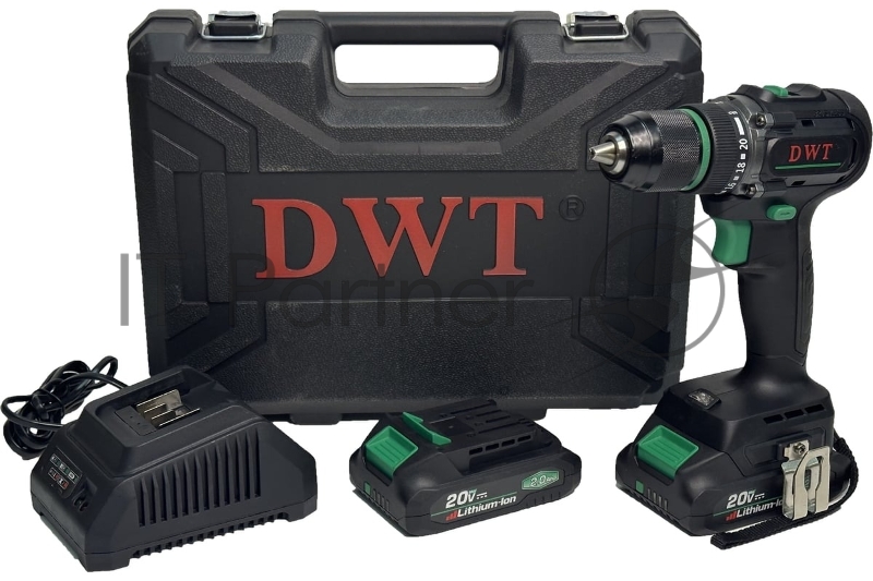 Дрель-шуруповерт аккумуляторная DWT ABSP-20 DNF-2 BMC /20В/до 2000 об.в мин/60 Нм/1-13 мм/бещеточный мотор/реверс/LED-подсветка/2 АКБ, 2 Ач/ЗУ/кейс/черный (ABSP-20 DNF-2 BMC)