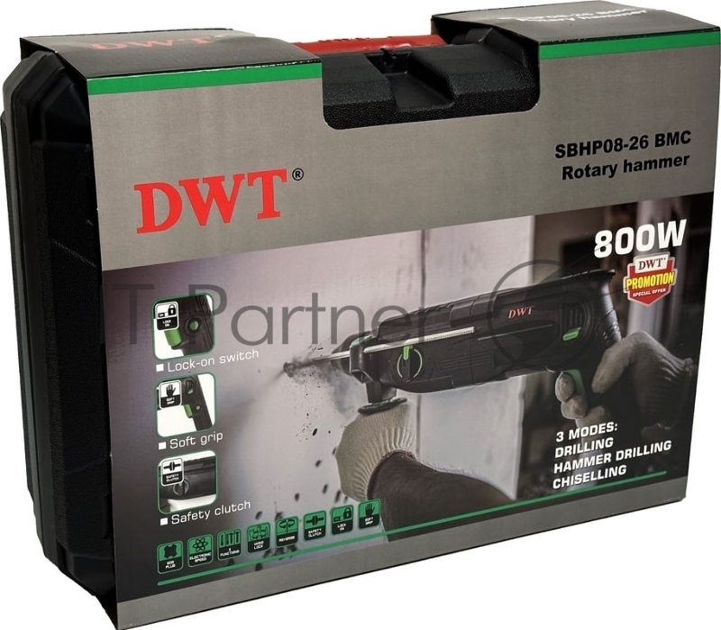 Перфоратор сетевой DWT SBHP08-26 BMC /800 Вт/3.7 Дж/до 5530 уд.в мин/до 1350 об.в мин/SDS-Plus/морозостойкий кабель/кейс/черный (SBHP08-26 BMC)