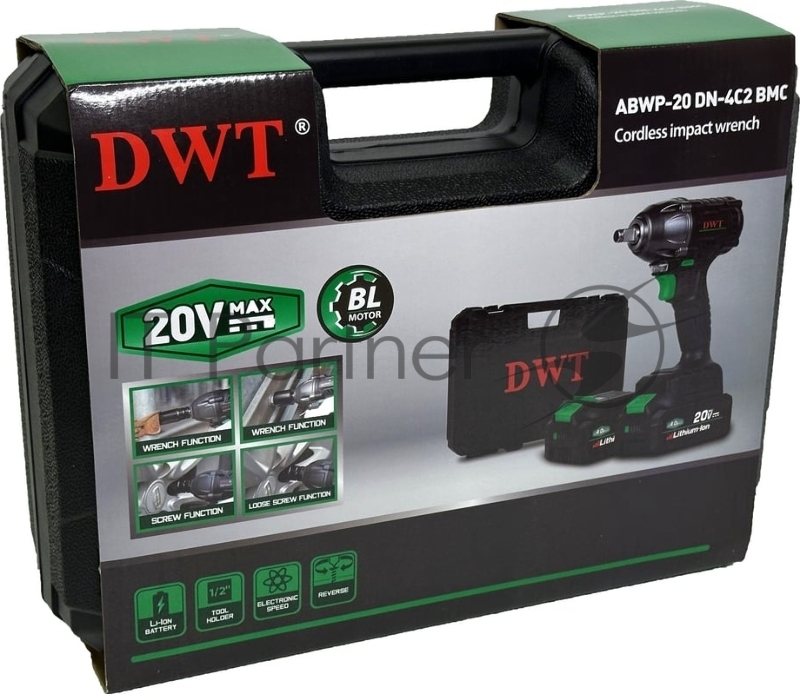 Гайковерт ударный аккумуляторный DWT ABWP-20 DN-4C2 BMC /20В/350 Нм/2400 об.в мин/3000 уд.в мин/M12-M22/бесщеточный мотор/LED-подсветка/2 АКБ, 4 Ач/ЗУ/кейс/черный (ABWP-20 DN-4C2 BMC)