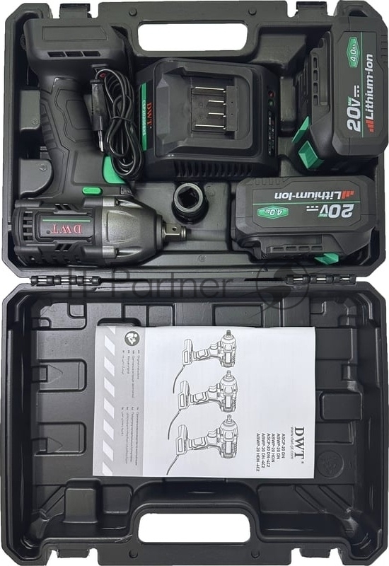 Гайковерт ударный аккумуляторный DWT ABWP-20 HDN-4C2 BMC /20В/500 Нм/2400 об.в мин/3000 уд.в мин/M12-M28/бесщеточный мотор/LED-подсветка/2 АКБ, 4 Ач/ЗУ/кейс/черный (ABWP-20 HDN-4C2 BMC)