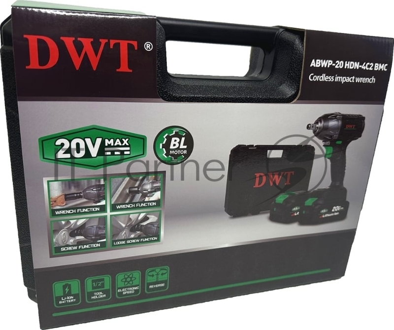 Гайковерт ударный аккумуляторный DWT ABWP-20 HDN-4C2 BMC /20В/500 Нм/2400 об.в мин/3000 уд.в мин/M12-M28/бесщеточный мотор/LED-подсветка/2 АКБ, 4 Ач/ЗУ/кейс/черный (ABWP-20 HDN-4C2 BMC)