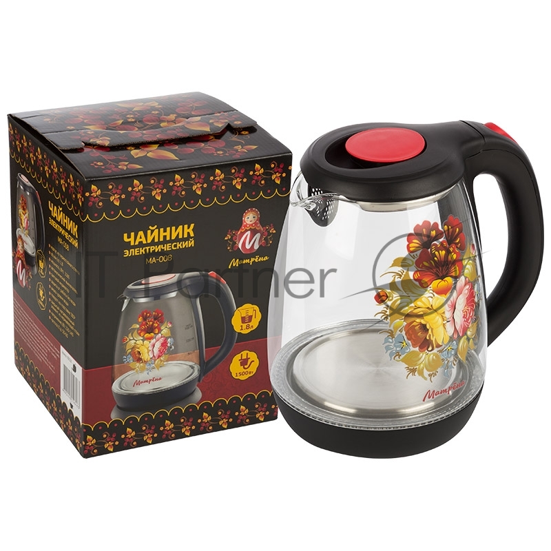 Чайник электрический Матрена MA-008 (1,8 л) стекло черный, хохлома