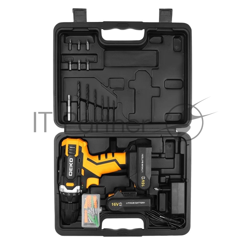 Аккумуляторная дрель-шуруповерт DEKO Sharker 16V в кейсе + набор 63 инструмента для дома, 16В, 2х1.5Ач