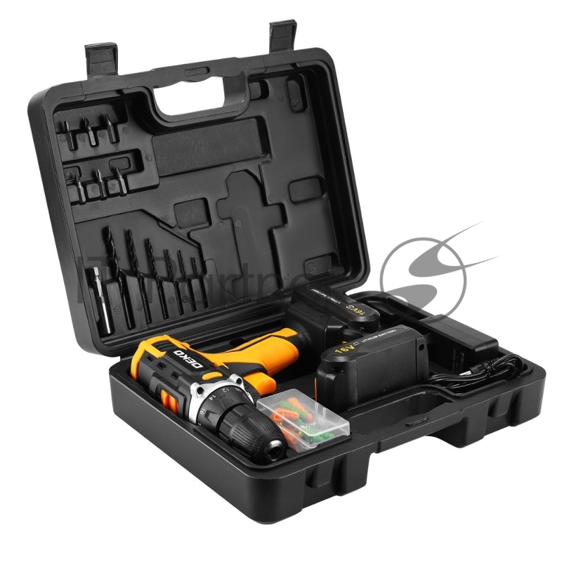 Аккумуляторная дрель-шуруповерт DEKO Sharker 16V в кейсе + набор 63 инструмента для дома, 16В, 2х1.5Ач