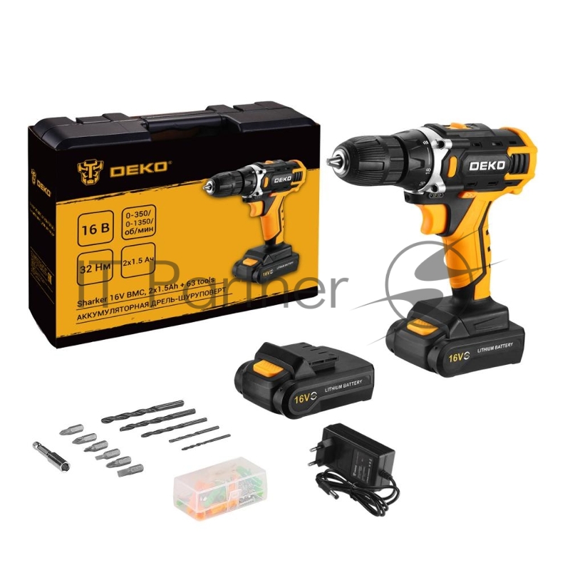 Аккумуляторная дрель-шуруповерт DEKO Sharker 16V в кейсе + набор 63 инструмента для дома, 16В, 2х1.5Ач