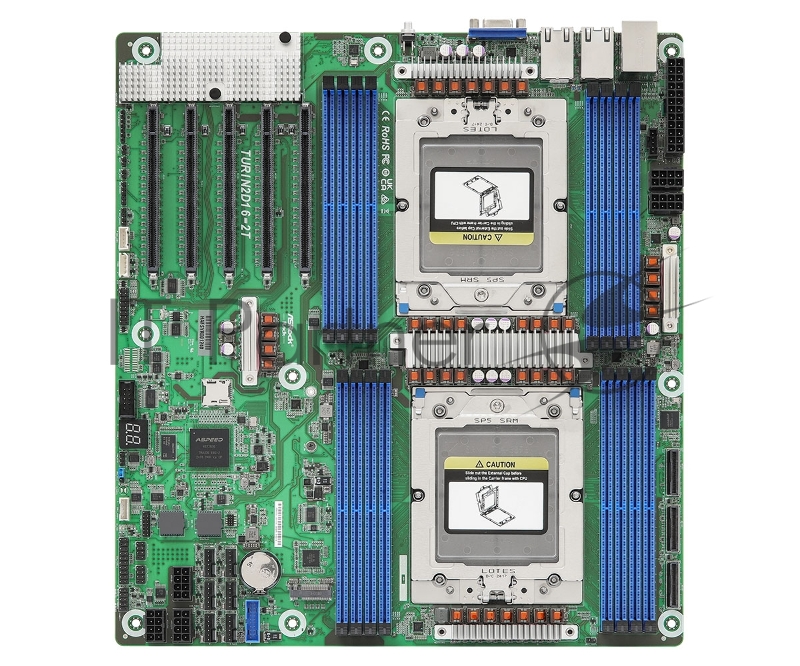 Серверная материнская плата ASRock TURIN2D16-2T, 2xSP5 (LGA6096), AMD EPYC, 16xDDR5, 0xSATA, 1xM.2, 5xPCIe 5.0 x16, 2x10Gb LAN, IPMI, 2xUSB-A 5Gbps, 1xVGA, EEB