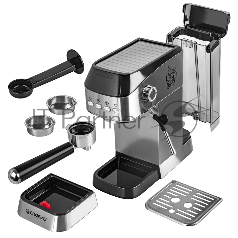 Кофеварка рожкового типа электрическая Endever Costa-1089, объем-1,2л, цвет стальной/черный, мощность 1350 Вт, давление 20 бар