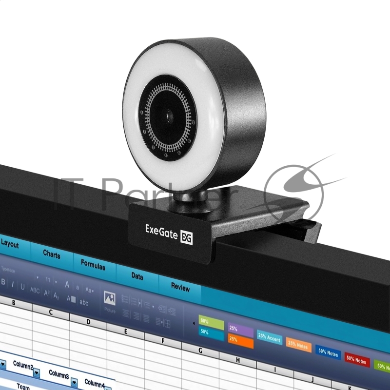 Веб-камера с подсветкой ExeGate eStudio EW-721 2K AF (5Мп, 2560х1440, 1440P, 30fps, автоматический фокус, подсветка, 4-линзовый объектив, стерео микрофон с шумоподавлением, универсальное крепление, отверстие под штатив, USB, кабель 1,5 м, Windows® 7/