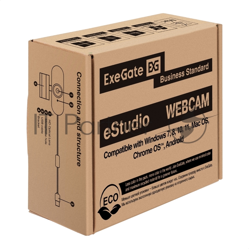 Веб-камера с подсветкой ExeGate eStudio EW-722 2K AF (5Мп, 2560х1440, 1440P, 30fps, автоматический фокус, подсветка, защитная шторка, 4-линзовый объектив, стерео микрофон с шумоподавлением, универсальное крепление, отверстие под штатив, USB, кабель 1