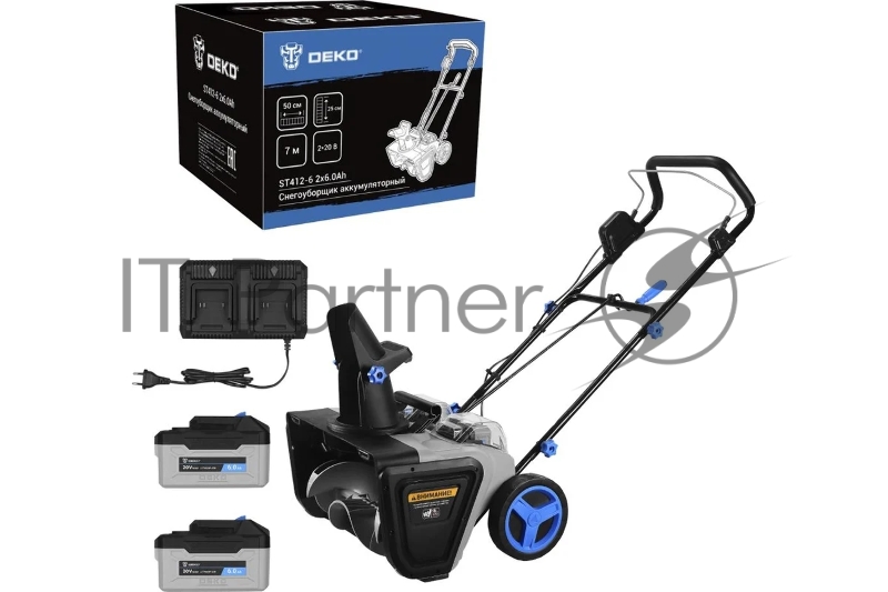 Снегоуборщик аккумуляторный DEKO ST412-6, 2*20В, 2*6.0Ач, 50см, 2 фары