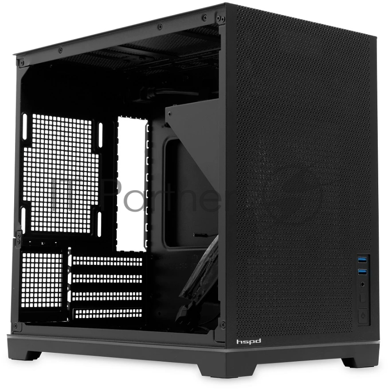 Корпус без блока питания Case HSPD M211, Mesh Mini-tower, Black, TG, 0.7 SPCC, no fans,mATX, mITX, 175/330/150mm, 2x2.5, 1x3.5, 4xPCI, 2xUSB-A 3.0, ARGB strip, 336x211x350mm