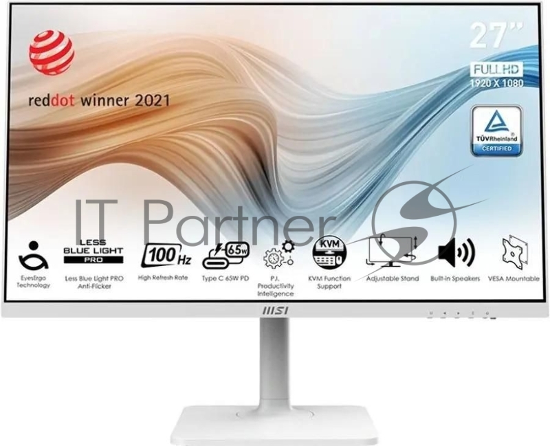 Монитор 27 MSI Modern MD272QXPW IPS 2560x1440, 100 Гц, 4 мс, 16:9, 400 кд/м², HDMI 2.0b, DP 1.2a, USB-C (98 Вт), USB Hub (2x USB 2.0), 3.5 Jack, HDR10, белый