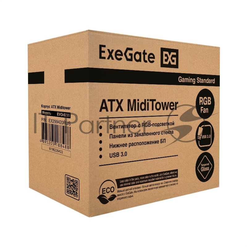 Корпус Miditower ExeGate EVO-9211-800NPX (ATX, БП 800NPX с вент. 12см, с окном, 2*USB+1*USB3.0, HD аудио, черный, 1 вент. с RGB подсветкой)