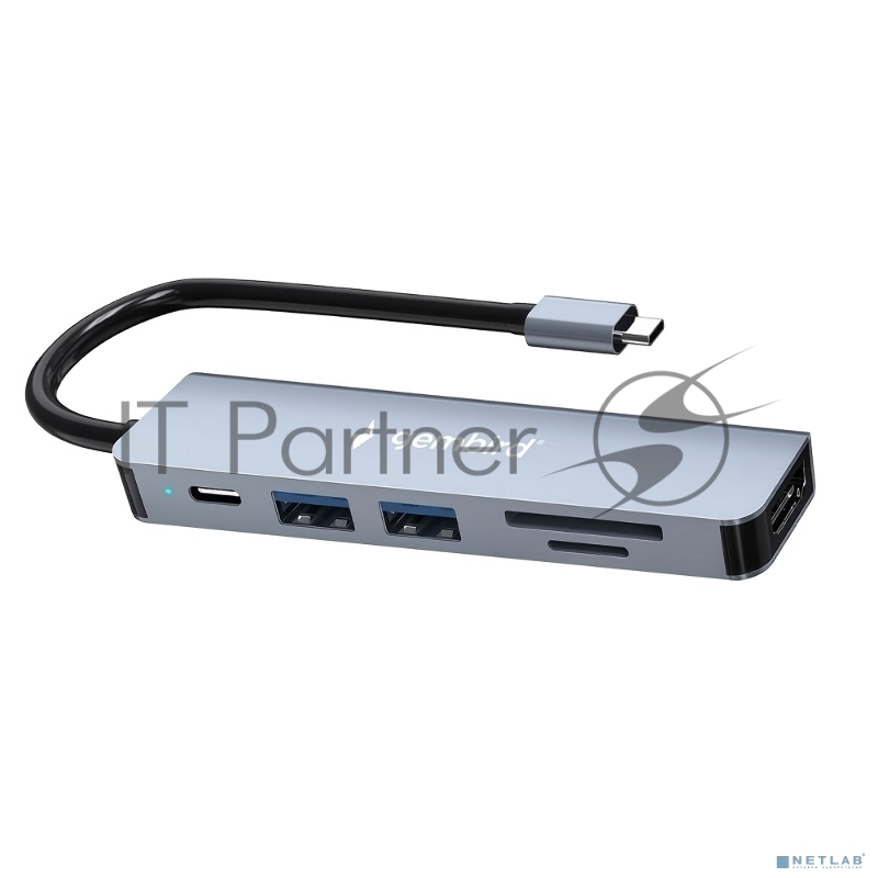 Док-станция Type-C Gembird UHB-D9 6в1: USB3.1, PD100W, SD/TF, USB2.0, HDMI, кабель 16см, алюминий