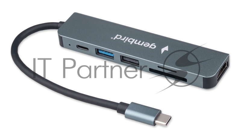 Док-станция Type-C Gembird UHB-D9 6в1: USB3.1, PD100W, SD/TF, USB2.0, HDMI, кабель 16см, алюминий