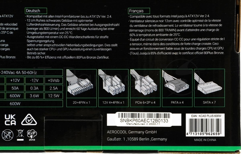 Блок питания Aerocool / Formula KCAS PLUS 600W, 600Вт, 80 PLUS Bronze, 120мм, черный