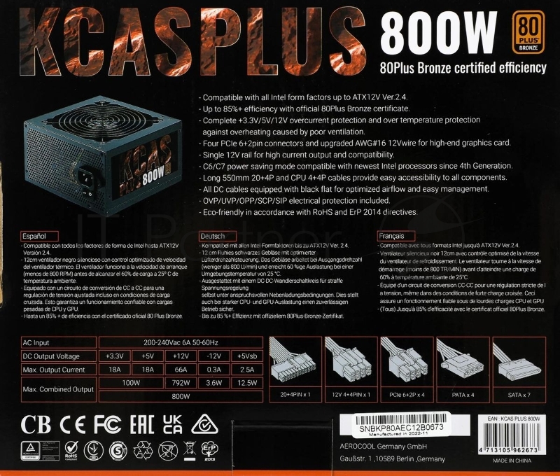 Блок питания Aerocool / Formula KCAS-800W, 800Вт, PLUS 80 PLUS Bronze, 120мм, черный