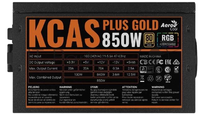 Блок питания Aerocool / Formula KCAS PLUS GOLD 850W (850W, ATX v2.4, APFC, Fan ARGB 12cm, 80+ Gold, Retail)